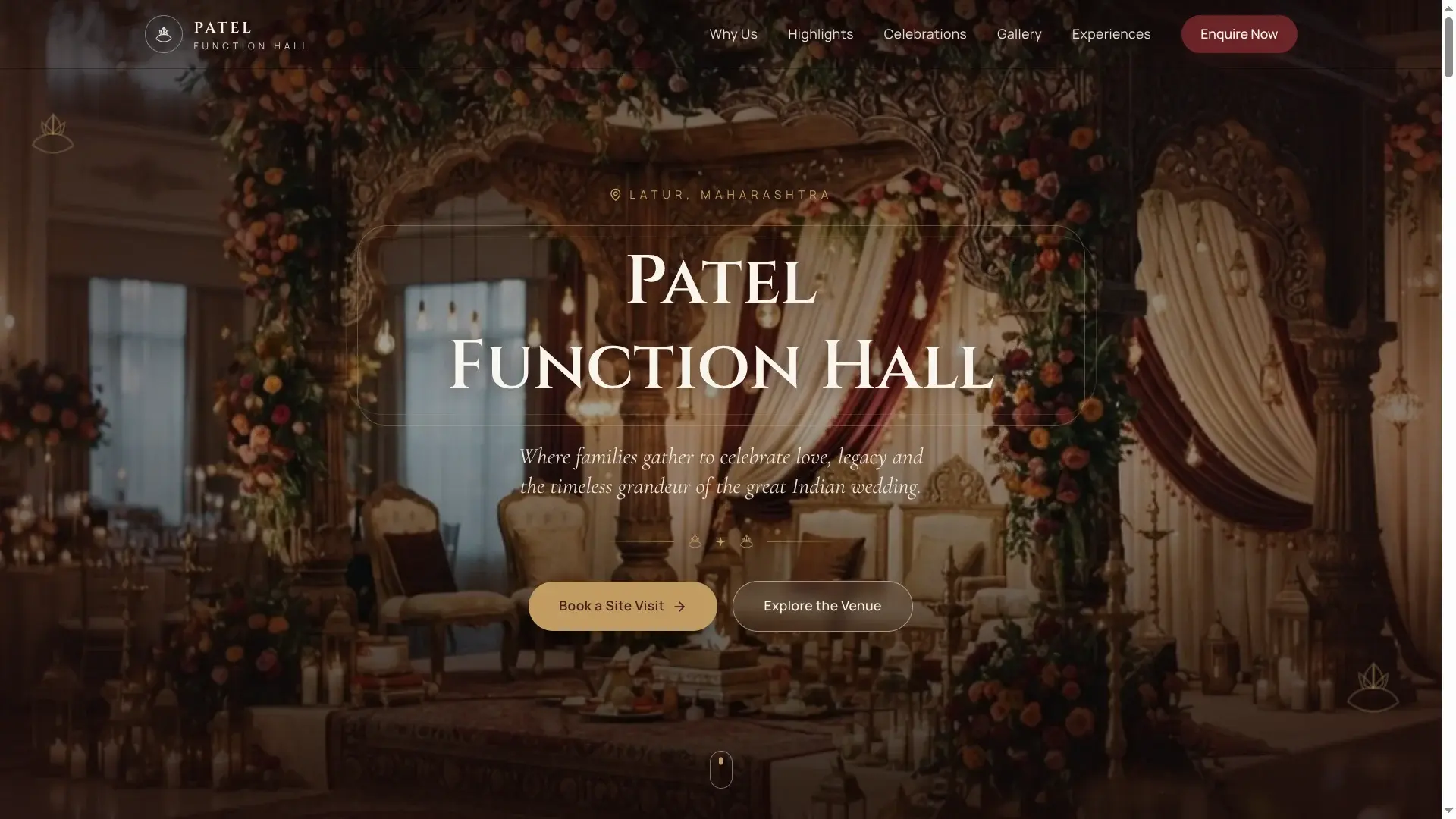 Patel Function Hall — Events & Venues website showcase